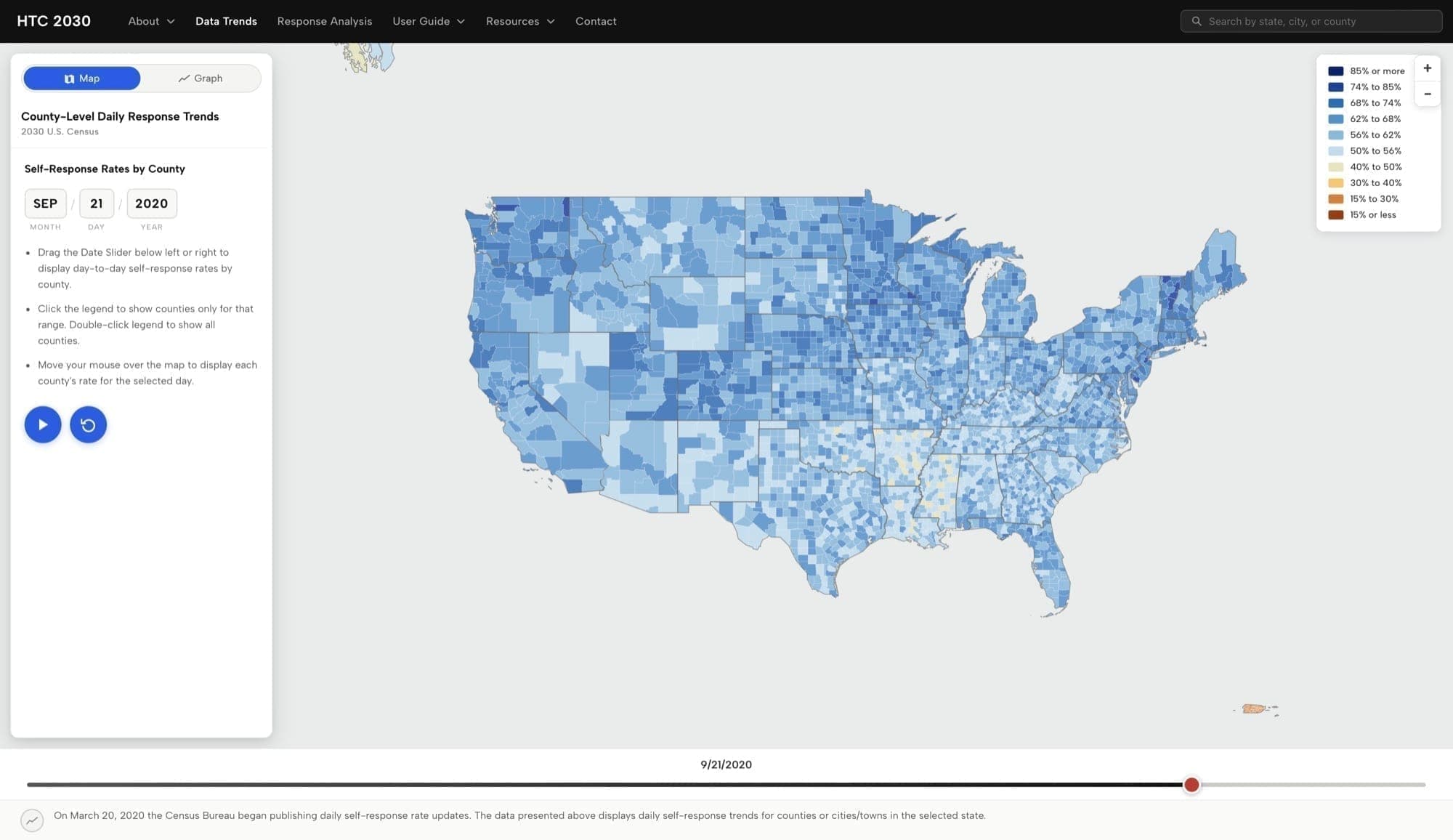 HTC Map 2030 blue self-response rate map by county