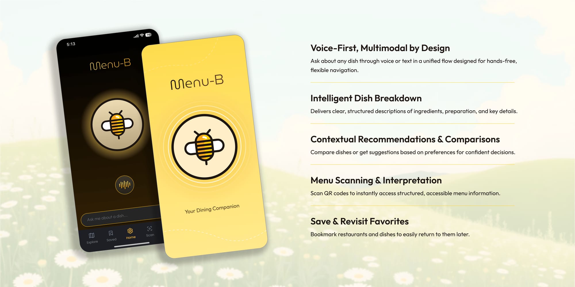 Menu-B AI app on two phones with bee logo and feature list