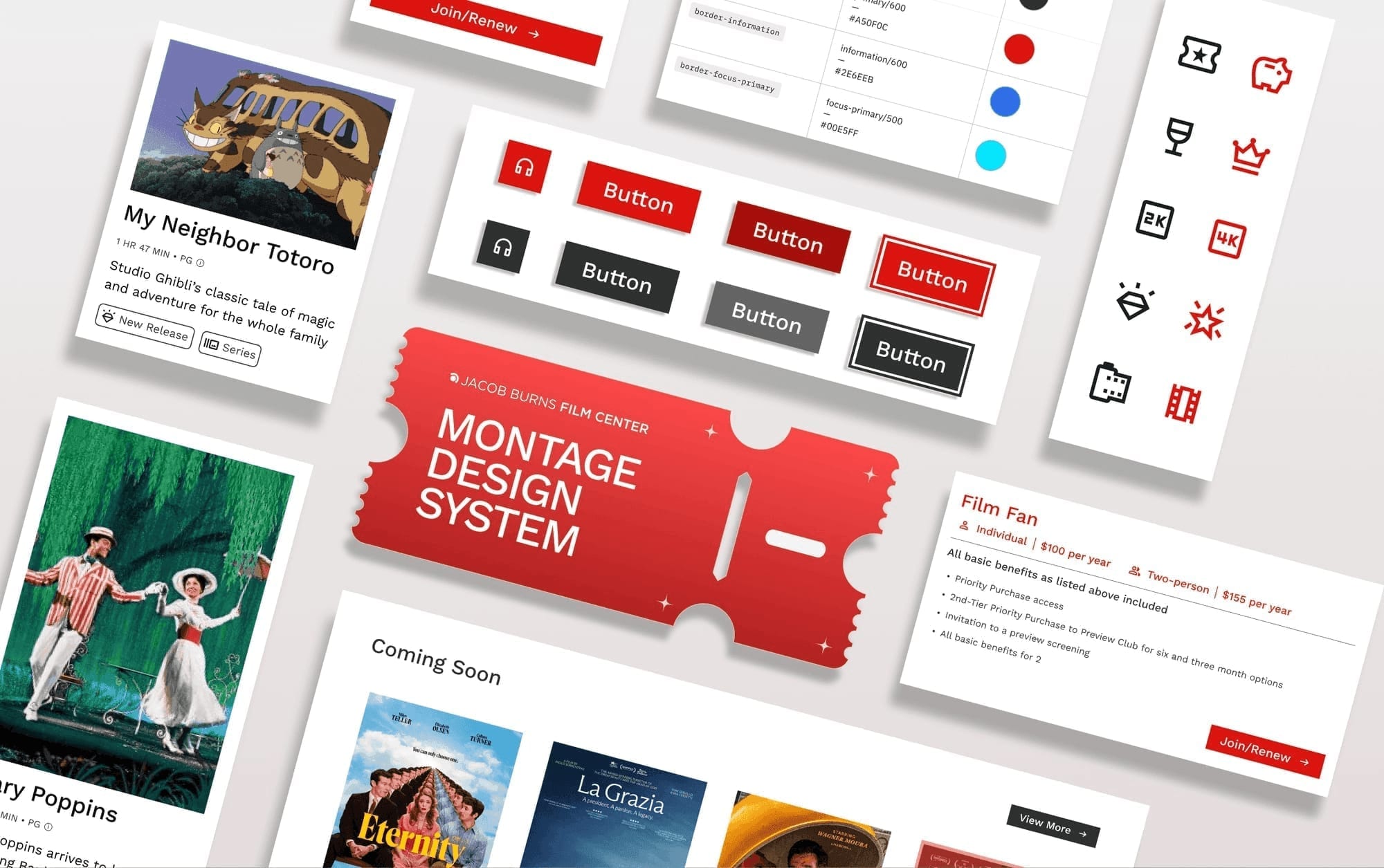 Montage Design System UI elements: movie cards, buttons, icons