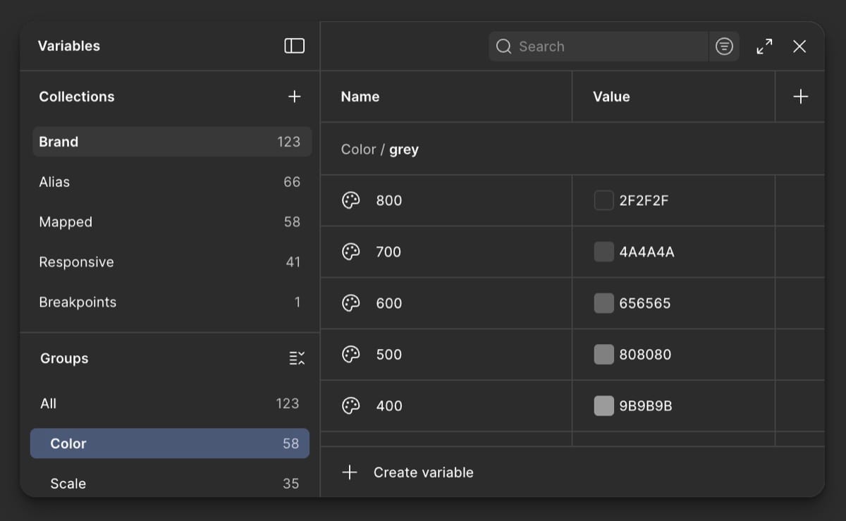 Variables panel showing color grey values with hex codes
