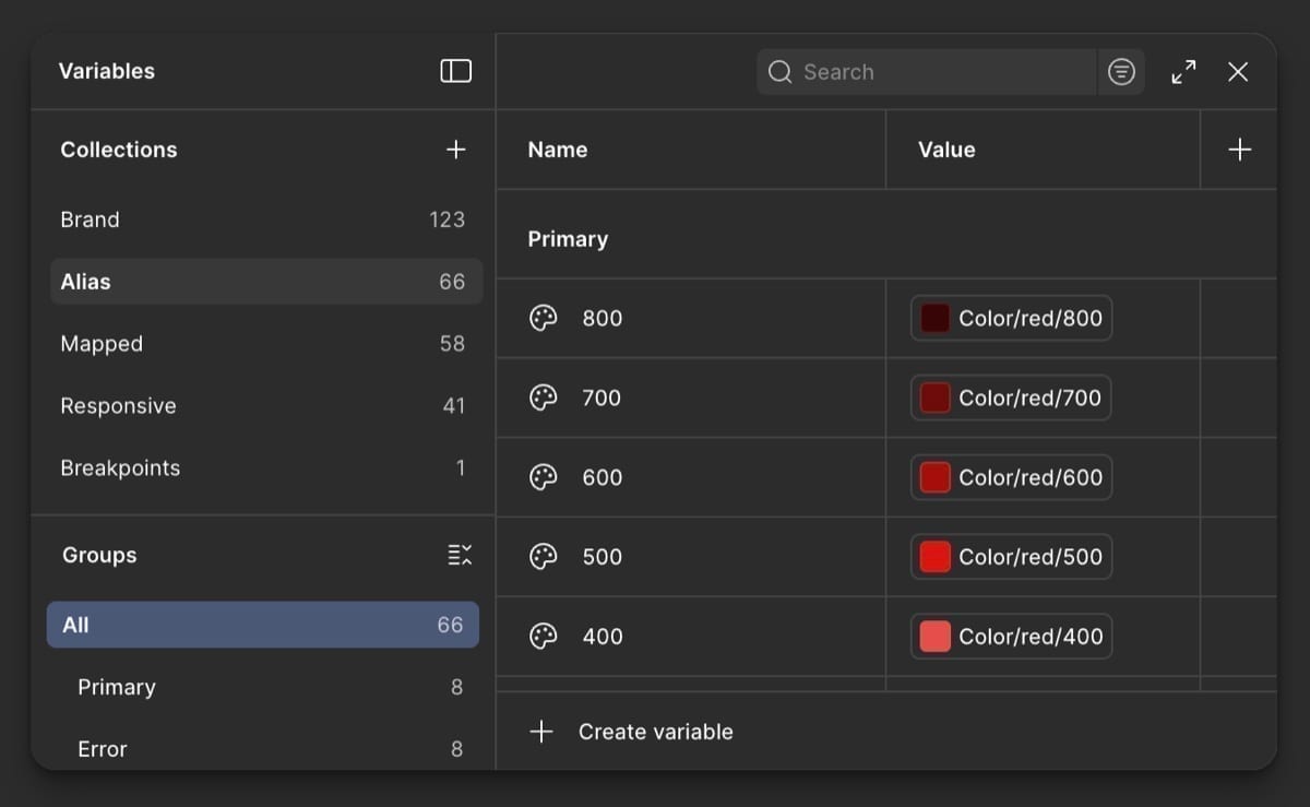 Variables panel showing color aliases with red shades