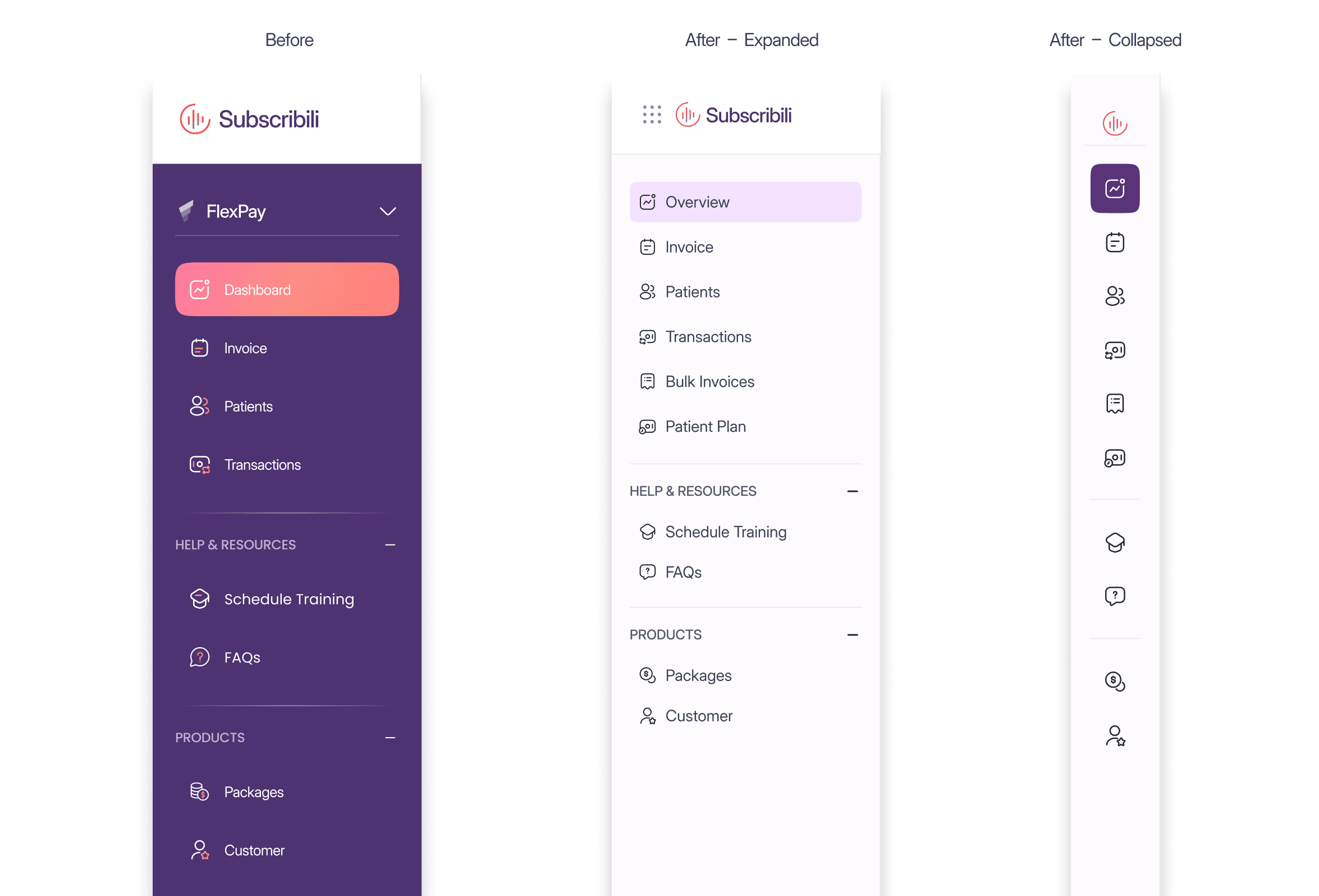 Sidebar navigation before, after expanded, and after collapsed: regrouped IA and collapsible sections
