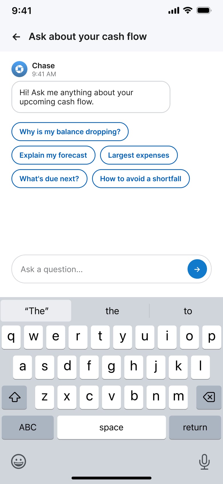 Ask chat opening with suggested cash flow questions