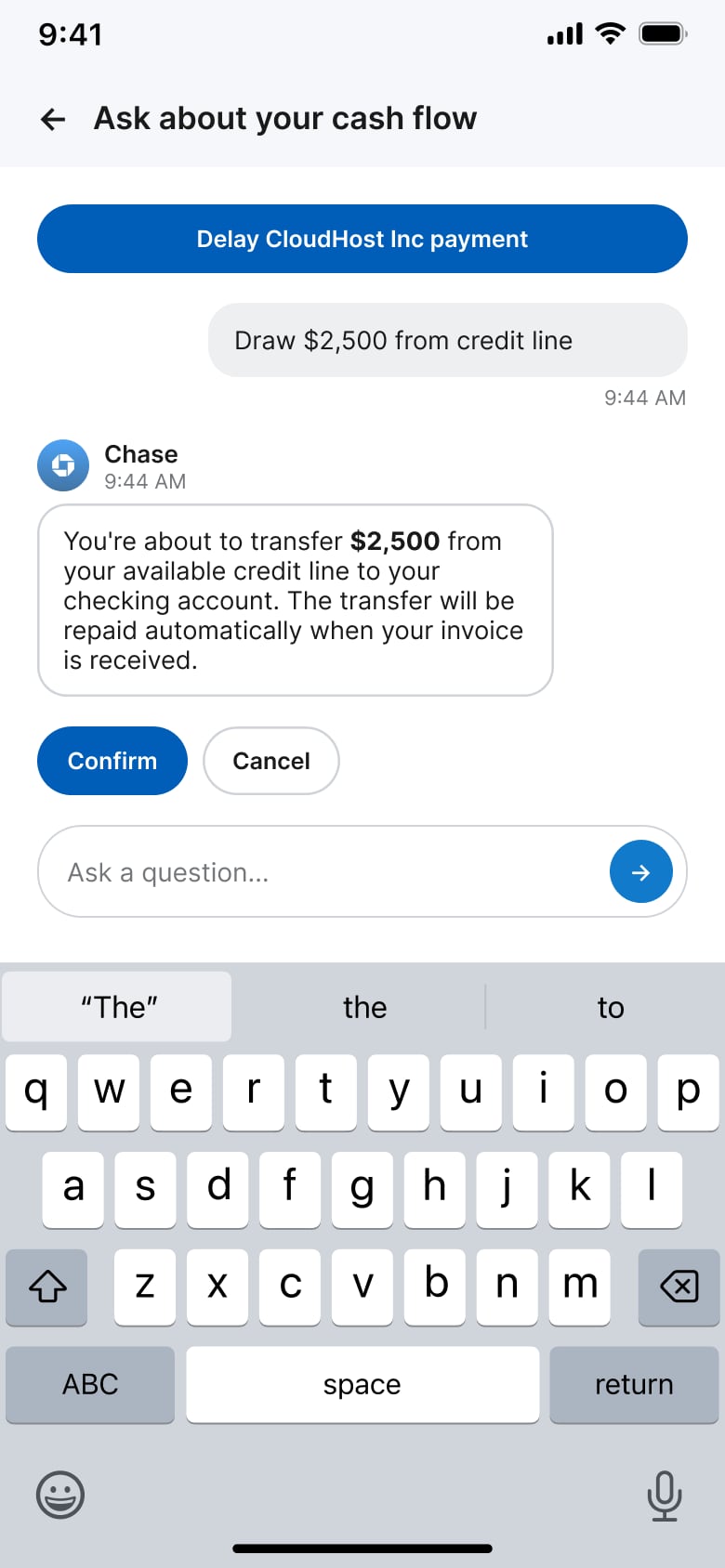 Ask confirmation step with Confirm and Cancel before credit line transfer