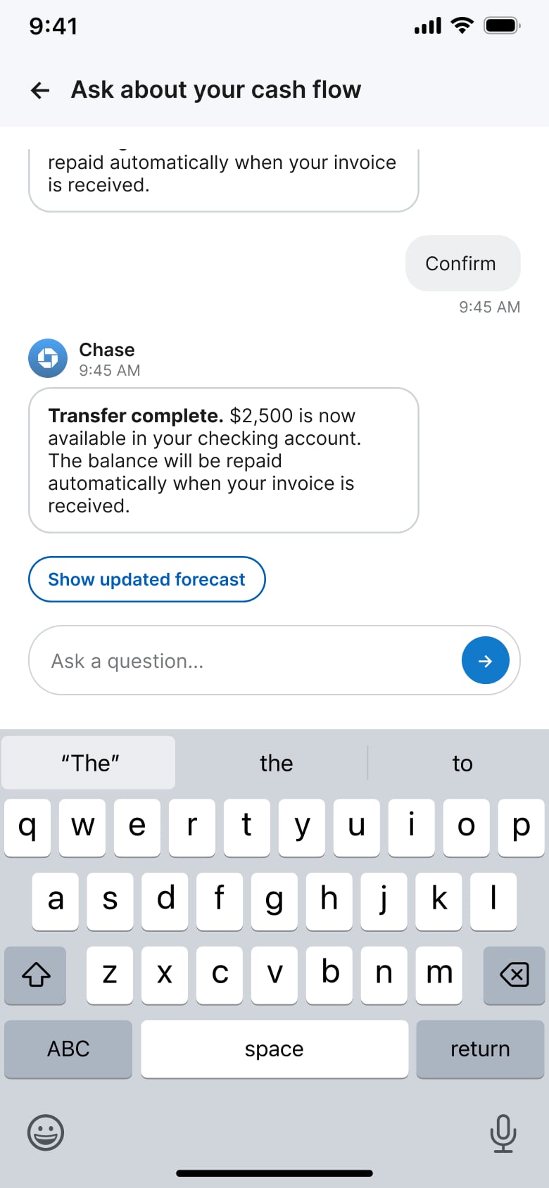 Transfer complete confirmation with updated forecast option