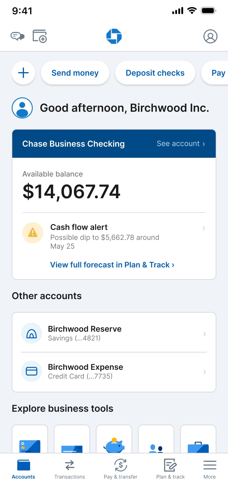 Chase Business Banking home dashboard with cash flow alert