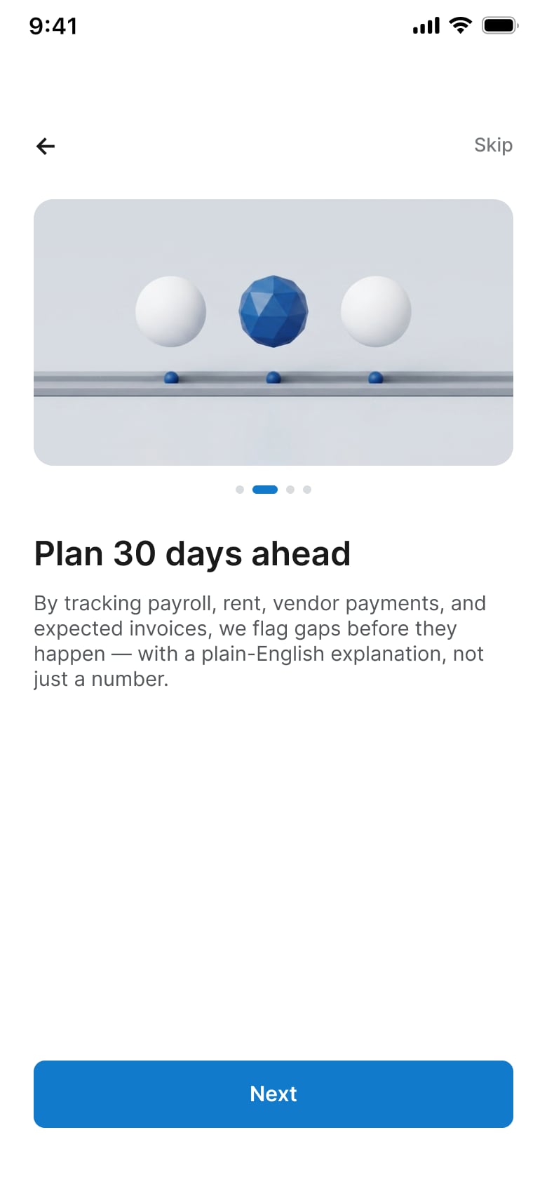 Onboarding screen explaining upcoming bills and income tracking