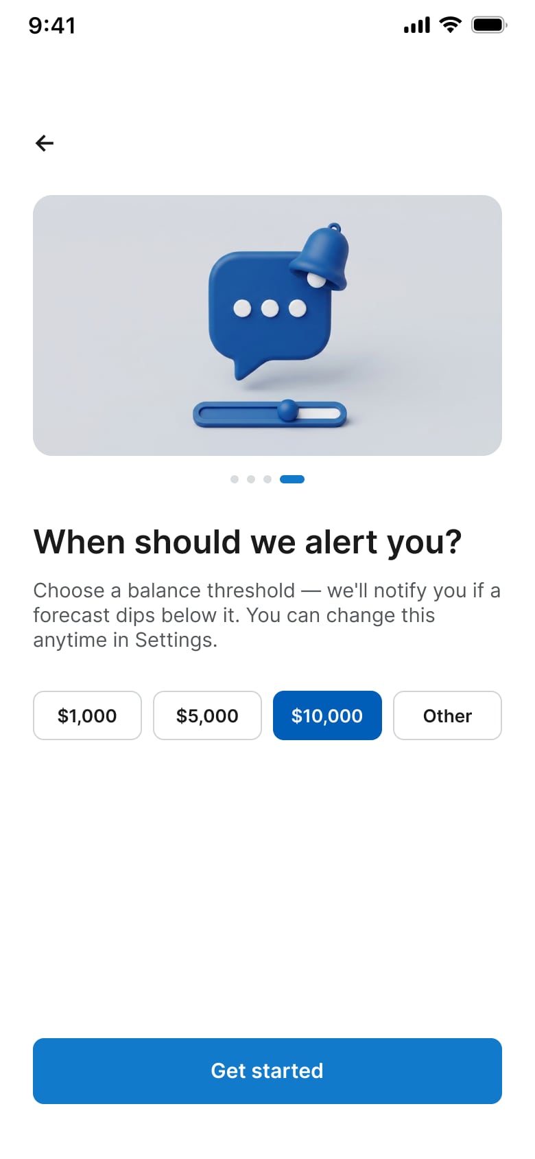 Onboarding screen for choosing a cash flow alert threshold
