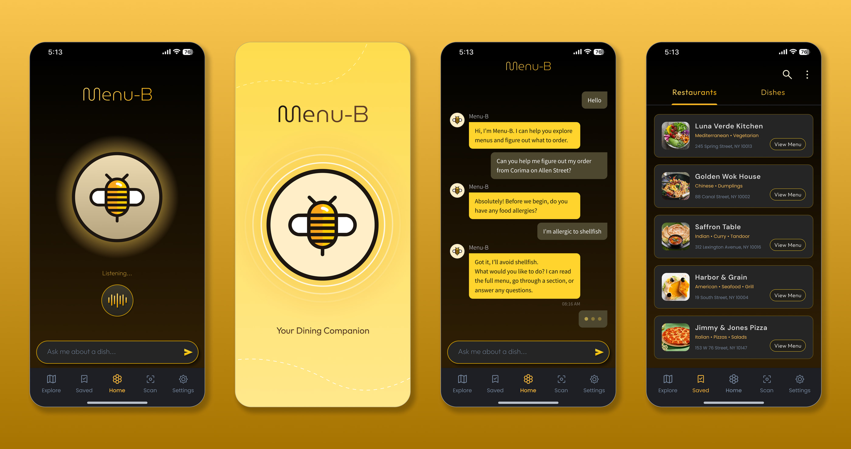 Menu-B product showcase across multiple phone screens