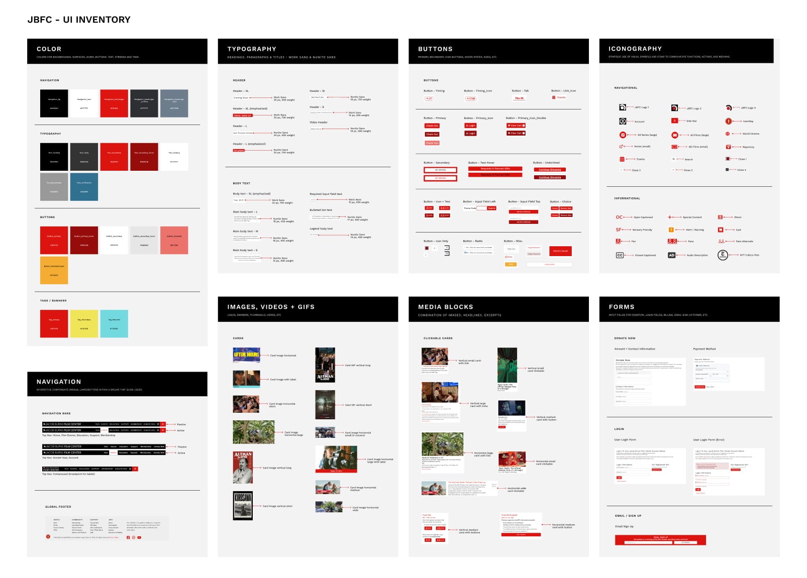 JBFC UI inventory showing existing design components like color, typography, buttons, iconography and media blocks