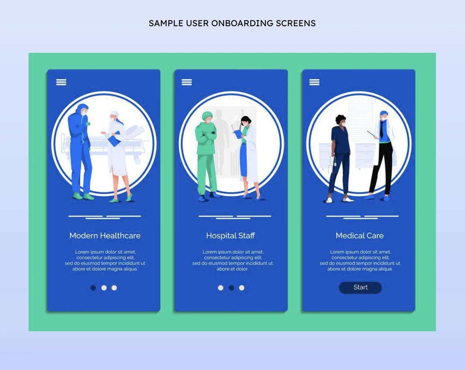 Sample three-screen onboarding flow for first-time WebMD users