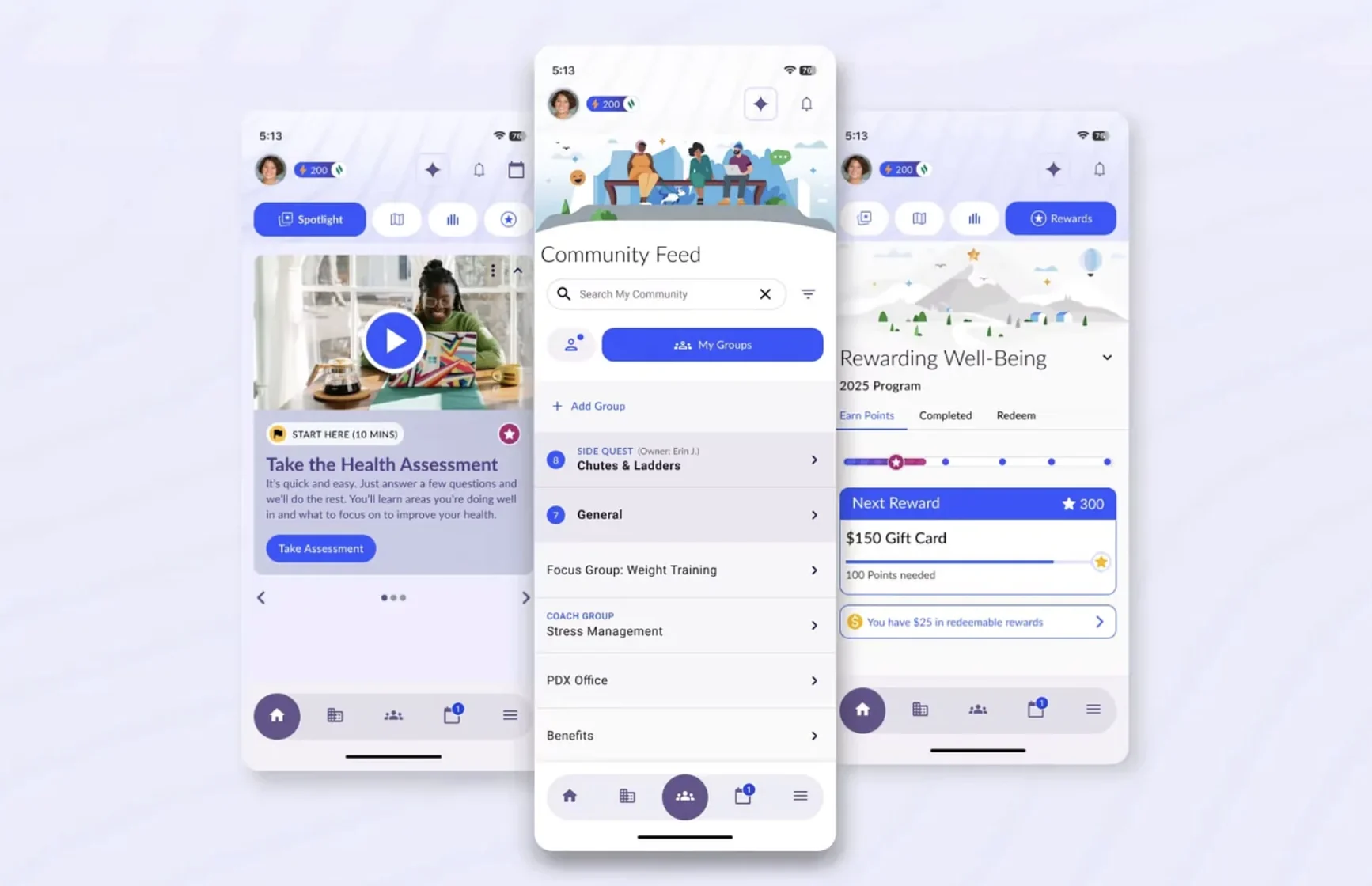 WebMD screens for the health assessment, community feed, and rewards